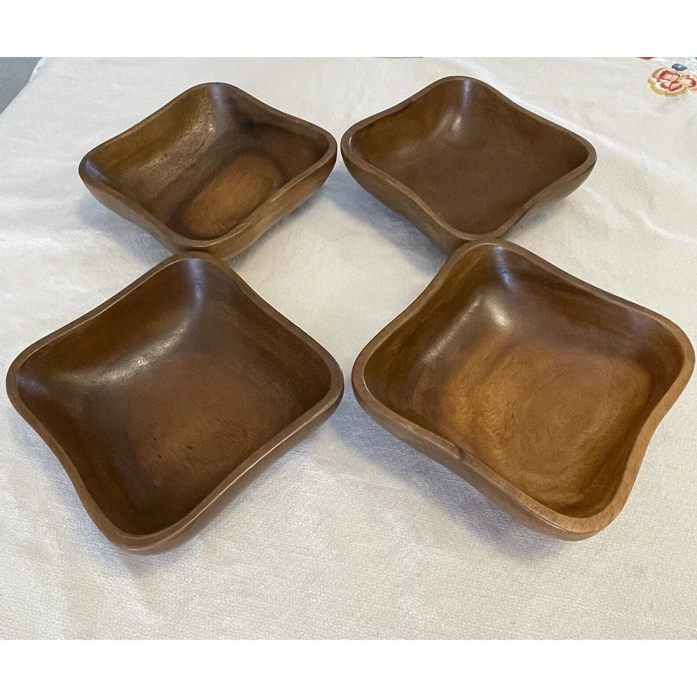 Wooden Bowls Square Rounded Corners marked Made in Philippines Set of 4